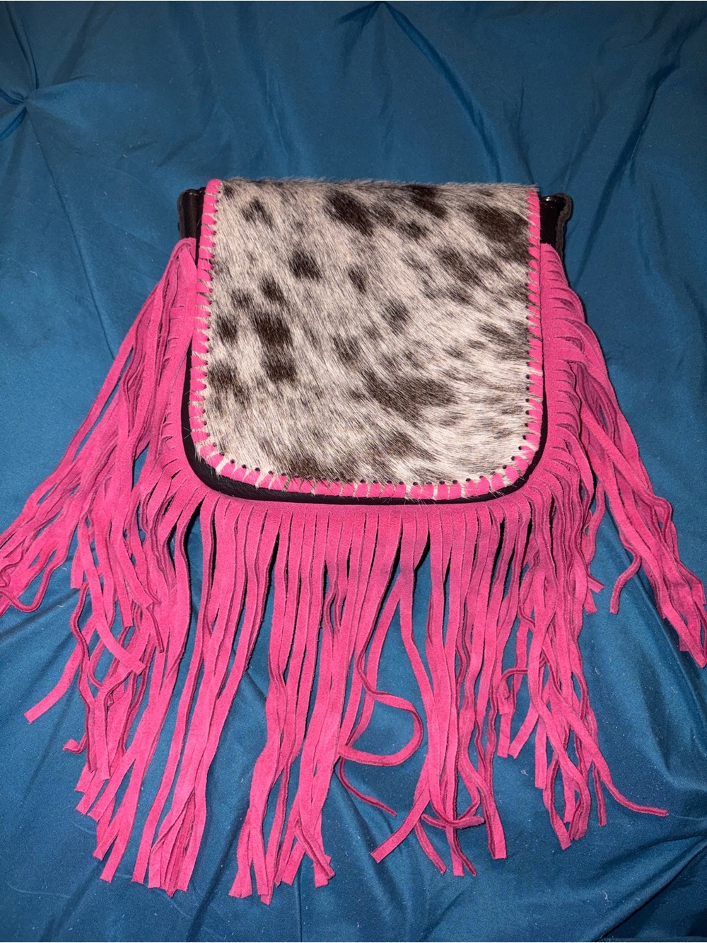 Montana West Fringe Crossbody Bag with Cowhide Panel and hot pink fringe